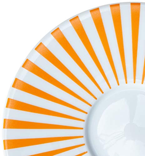 Estojo com 6 xícaras de chá com pires. Modelo redondo aba larga. Decoração sol laranja. Fabricado pe