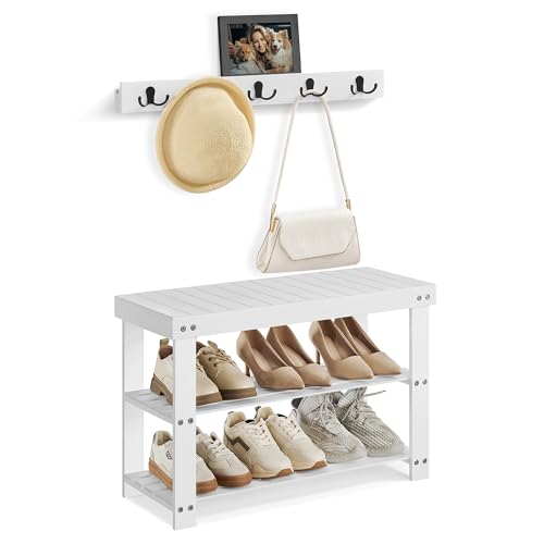 Image of SONGMICS Coat Rack Shoe Bench Set, 3-Tier Bamboo Shoe Rack Bench, Multifunctional, 5 Double Metal Hooks, for Entryway, Hallway, Bedroom, Cloud White ULCR004W01V1