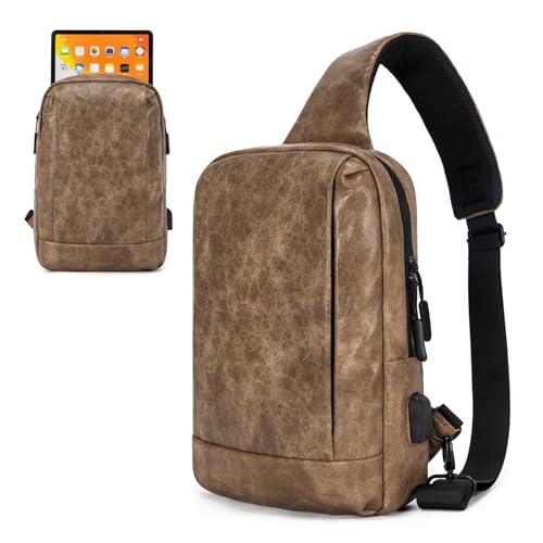 For 9-11 Inch iPag Bag Tablet Bag with USB Charing Port and Adjustable Shoulder Strap Tablet Carrying Sleeve Fit for 11 Inch iPad Air, iPad Pro, iPad Mini (PU Leather, Brown)