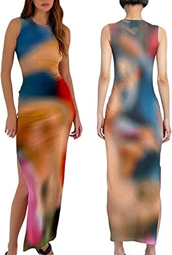 Image of Suillty Women Y2k Tie Dye Tank Dress Sleeveless Bodycon Long Dresses Printed Slim Fit Summer Maxi Dress Sundress