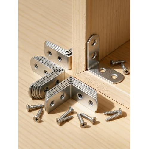 6 PCS L Bracket Corner Braces with Screws, 1.5 Inch Small Metal L Brackets for Wood, Steel Joist Right Angle Brackets for Shelves Chair Drawer Cabinet Hardware Kit