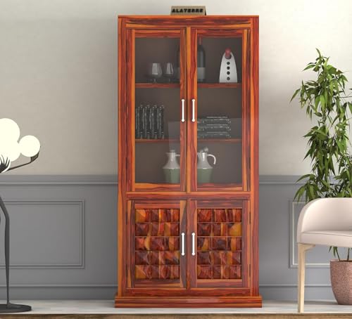 Image of Sheesham Wood Bookshelf with Glass Door for Home Library Solid Wood Bookcase Wooden Crockery Cabinet for Kitchen Book Shelf (Natural Finish)