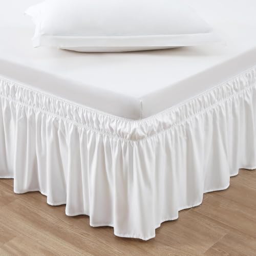 MEILA Wrap Around Bed Skirt Three Fabric Sides Elastic Dust Ruffled 12 Inch Tailored Drop,Easy to Install Fade Resistant-Natural White, Queen/King