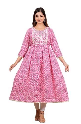 Image of purple sky Women's Cotton Blend Printed Anarkari Suit with Lucknowi Work on Neck