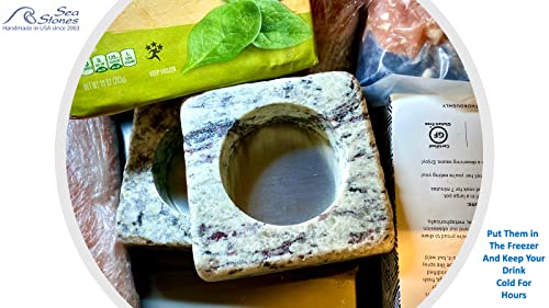 Cool Coaster 6 Piece Set- Includes: Two 4" Square Granite Aluminum-Lined Chilling Coasters, Two 8 Oz Glass Tumblers & Two(2) "On The Rocks" Solid Granite Whisky Stones By Sea Stones #TOP3