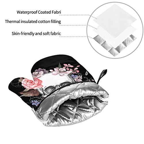 Skull Floral Sugar Skull Flower Oven Mitts And Pot Holders Sets 4 Pcs Heat Resistant Pads Non-Slip Bbq Gloves For Kitchen,Cooking,Baking,Grilling #TOP7