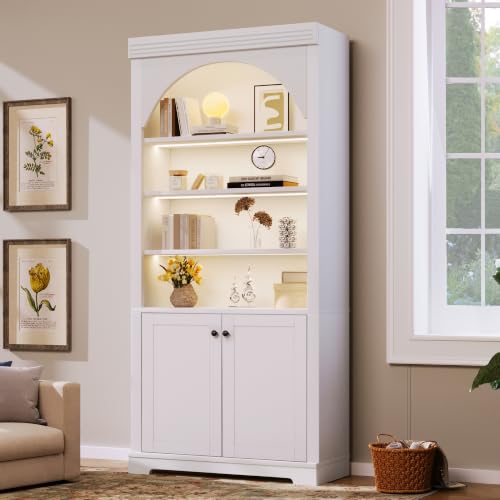 Image of Modern Display Tall Bookshelf with 4-Layer LED Lighted (White Style2)