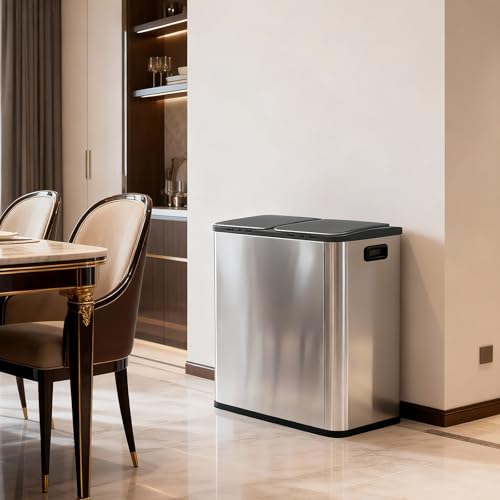 Image of DUMOS 2 x 10.6 Gallon Kitchen Trash Can with Lid, Stainless Steel Garbage Can with Soft-Close Lid & Removable Inner Buckets, Dual Compartment Step-on Waste Bins for Kitchen Bathroom Bedroom Office