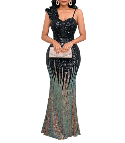 Image of Cololura Women Sexy Elegant Sequin High Split Ruffled Hem Mermaid Party Cocktail Bodycon Formal Evening Gowns Maxi Dress