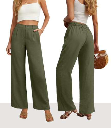 Image of Feiersi Womens Casual Wide Leg Pants High Waisted Button Down Straight Long Trousers Palazzo Pants