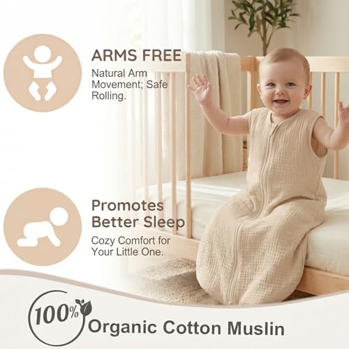 Image of BSTOPPT 2 Pack Baby Sleep Sack 0-6 Months 100% Organic Cotton Muslin Baby Sleeping Bag 2-Way Zipper Wearable Blankets TOG 0.3 (Beige & Khaki, Small)
