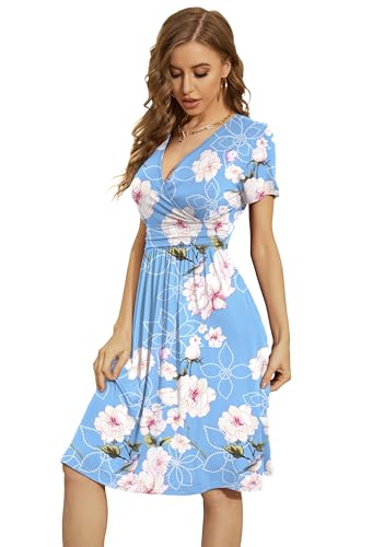 Image of WEACZZY Women's Summer Short Sleeve Casual Dresses V-Neck Floral Party Dress with Pockets