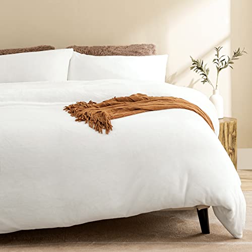 Dreamcountry Flannel Duvet Cover Set Oeko-Tex Certified, 3 Pieces Velvet Duvet Cover Queen, Ultra Soft Comforter Cover With Zipper And Corner Ties, White #TOP2