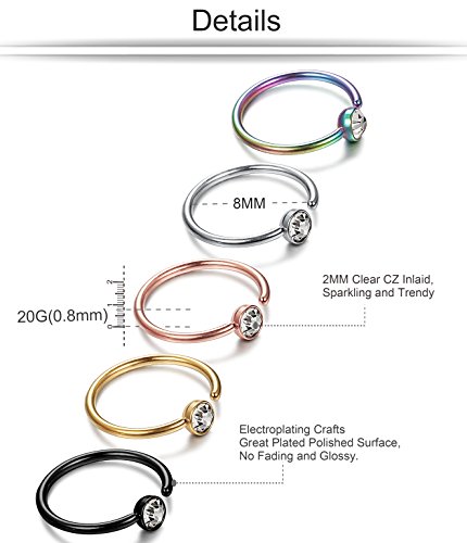 ORAZIO 5-12Pcs 20G Stainless Steel Nose Ring Hoop CZ Body Ear Piercing 5 Mixed Colors2