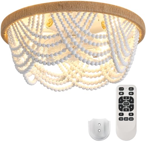 Image of Ceiling Fans with Lights and Remote - Bulbs Included, Caged Fandelier with Handcrafted Beaded Decor 19 inches Reversible Flush Mount Installation Ceiling Fan, White