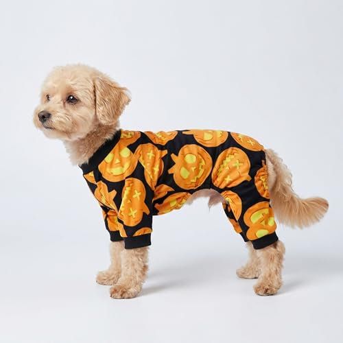 Image of Fitwarm Halloween Pumpkin Dog Pajamas, Funny Dog Winter Clothes for Small Dogs Girl Boy, Pet Jumpsuit, Cat Halloween Costumes with Feet, Lightweight Velvet, Black, Orange, Medium