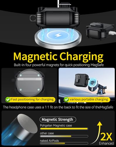 Image of Pohgelan for AirPods 4 Case with Safety Lock-Black | Carbon Fiber Texture Cover,Magnetic Automatic Lock with Cleaning Kit&Keychain,Compatible with Magsafe