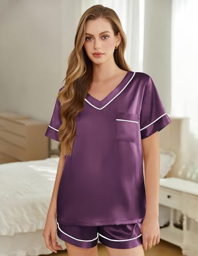 Image of Silk Pajamas for Women Short Sleeve Satin 2 Piece Pj Set Soft V Neck Sleepwear Loungewear, S-XXL