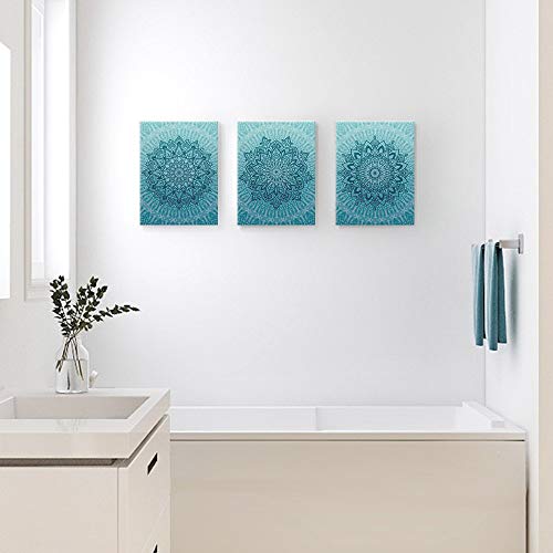 Lamplig Mandala Wall Art Teal Artwork Pictures Blue Boho Decor Flowers Canvas Prints Floral Geometric Paintings Home Decor Framed For Bedroom Office Bathroom Living Room 12"X16", 3 Panels Small Size #TOP2