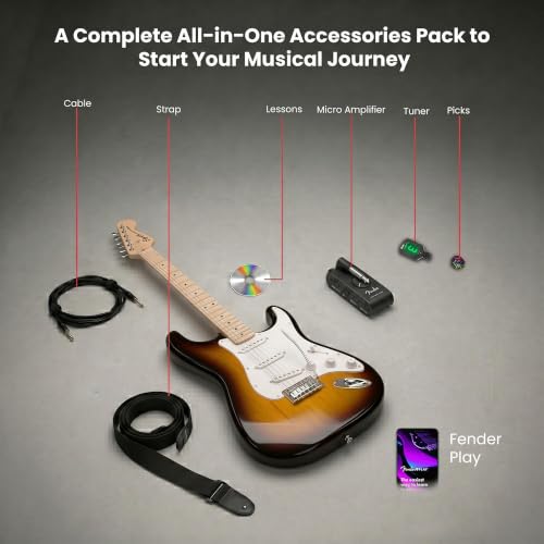 Image of Fender Squier Sonic Stratocaster - 2-Color Sunburst Bundle with Mustang Micro Headphone Amp, Cable, Tuner, Strap, Picks, and Austin Bazaar Instructional DVD