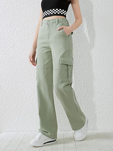 SweatyRocks Girl's Casual Elastic Waist Zip Up Denim Pants Straight Leg Cargo Jeans with Pocket4