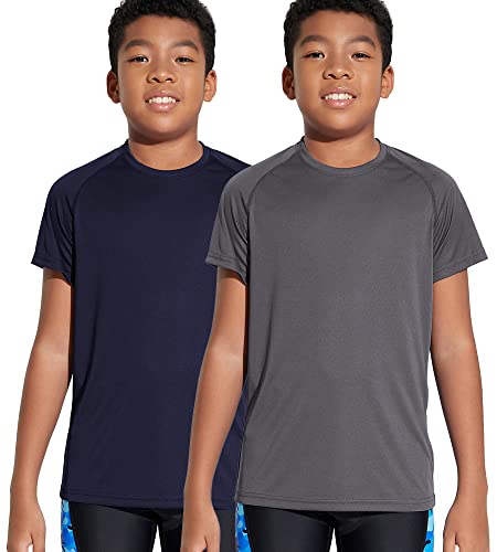 DEVOROPA Youth Boys Rash Guard Swim Shirt Short Sleeve 2-Pack UPF 50+ Sun Shirts Lightweight Kids Surf Swimsuit Navy/Gray M