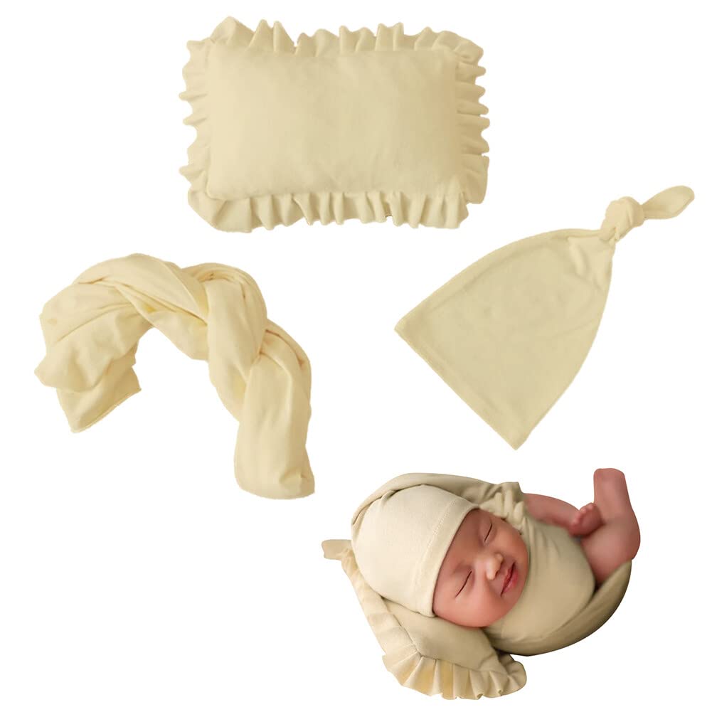 3pcs/Set Newborn Photography Props, Newborn Stretch Swaddle Wrap Blanket Hat and Posing Pillow Prop Baby Newborn Photography Photo Blanket Set for Baby 0-6 Months