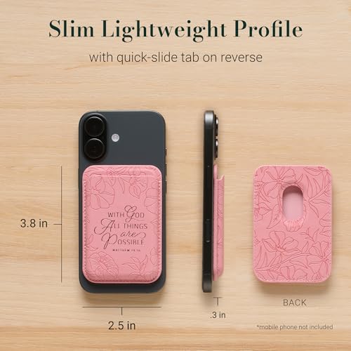 Image of Christian Art Gifts Magnetic Faux Leather Phone Wallet for Women: Pink Debossed Florals & Gold, All Things are Possible Inspiring Scripture Design, Mag-Safe Compatible, Cash & Card Holder, 3.8 inch x 2.5 inch