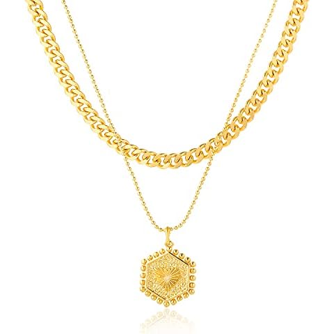 Double Layer Pendant Necklace for Women Teens, Gold Layered Chains with Heart Hexagon Charm, Fashion Jewelry for Parties, Dating, Special Occasions, Best Wedding, Valentine’s, Birthday Gift (B) Cover