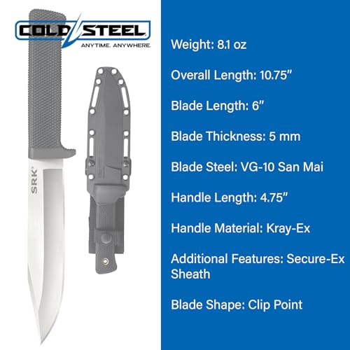 Image of COLD STEEL SRK 6 inch VG-10 San Mai Clip Point Razor-Sharp Blade 4.75 inch Kray-Ex Handle Tactical Fixed Blade Knife w /Secure-Ex Sheath | 4.75 Kray-Ex Handle, Secure-Ex Sheath, 10.75 Overall, 5mm Thick, 8.1 Oz