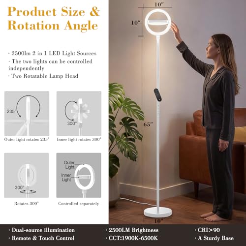 Image of Omorepa 36W 2500lm Bright LED Floor Lamp for Living Room, 75.5 Inch Tall Standing Lamp for Office Stepless Dimmable with Remote, Torchiere Lamp with 2 Rotatable Lights 1900K-6500K for Bedroom (White)