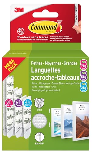 Command Languettes Accroches Tableaux, Multi-Pack, 8 Paires de Grandes, 6 Paires de Moyennes, 4 Paires de Petites Bandes Adhésives, Blanches - Fixation sans...