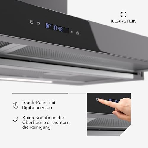 Klarstein Dunstabzugshaube 90cm, Abluft-Dunstabzugshaube mit Spülmaschinenfestem Filter aus Aluminium, Leise Abzugshaube Abluft, 640m³/h Luftstrom, Effiziente Wandhauben mit LEDs & Touch Controls