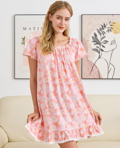 Image of Nanxson Women's Cotton Nightgown Short Sleeve Sleepwear Vintage Nightshirt | Summer Victorian Sleepdress,White Sleepshirt,U Neck Lace Loungewear,Soft Nightshirt,Loose Loungedress,Bride Nightwear