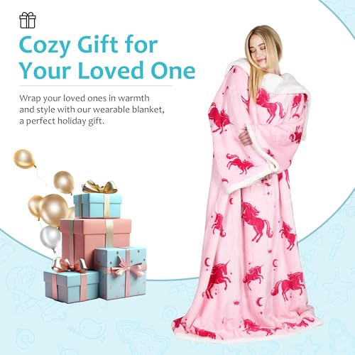 Image of Catalonia Sherpa Wearable Blanket with Sleeves Arms, Comfy Sleeved TV Wrap Blanket, Large Snuggly Throw for Women and Men, Gift for Her,Unicorn