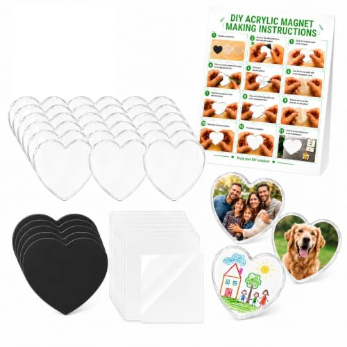 Image of 12 PCS Heart Shape DIY Acrylic Fridge Magnet Kit, Clear Acrylic Photo Magnet Maker with Self Adhesive Backing, Personalized Refrigerator Magnets for Pictures, DIY Magnet Craft Set for Gifts Home Decor