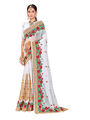 Sari traditionnel en georgette blanc de haute qualité semi-cousu 8671