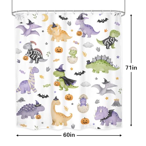 Image of Halloween Dinosaur Shower Curtain Bathroom Set 60Wx71H Inches Kids Cartoon Watercolor Cute Dino Funny Spooky Candy Animal Adorable Bath Accessories Festival Art Home Decor Fabric 12 Pack Hooks