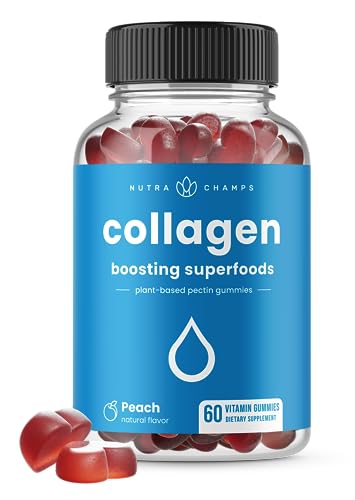 Collagen Boosting Gummies | Collagen Booster Gummy for Natural Collagen Production | Hair, Skin, Nails, Joint Support | Plant-Based Pectin Supplements Chews for Women & Men | 60 Peach Vitamins Gummies