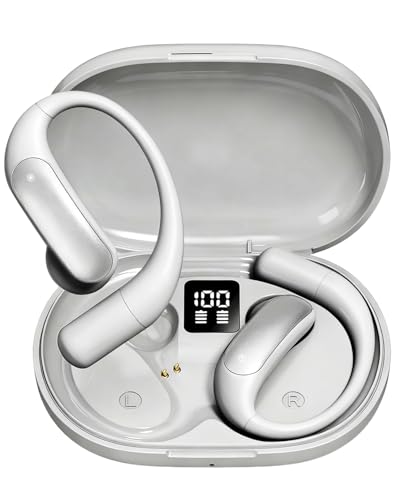Wentronic Open Ear Headphones, Wireless Earbuds Bluetooth 5.4 with Digital Display, Secure Earhook, 48H Playtime, Enhanced Sound, Clear Calls, IP55 Waterproof Ultra-Light Sports Headphones - Silver