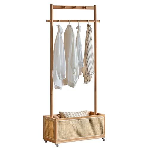 Portant à vêtements en bois massif avec panier rotin pour chambre
