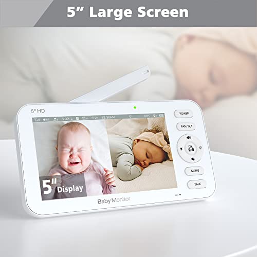 Itomoro Baby Monitor With 2 Cameras,5 "Display True Color 720P,22H Battery Life,1000Mw Speaker For Crisper 2 Way Talk,Night Vision,1000Ft Range,4X Pan-Tilt Zoom,Sound Alerts,Lullabies,No Wifi Needed #TOP1