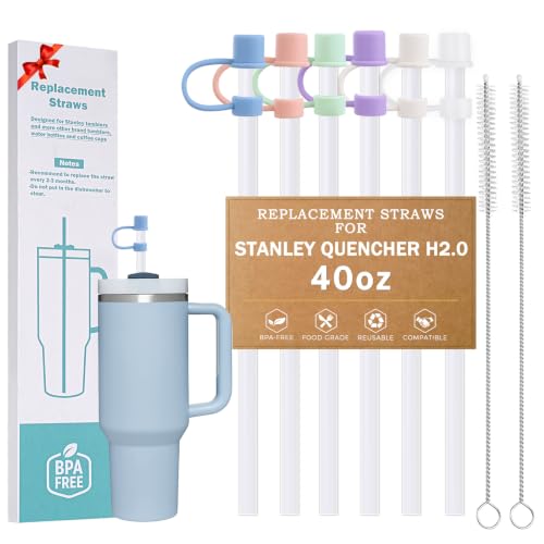Image of LUCKINEE 6pcs Replacement Straws for Stanley Quencher H2.0 30oz 40oz | 12.2 Inch Long Reusable Plastic Straws, with 6Pcs Straw Covers Toppers, 2Pcs Cleaning Brushes, BPA Free and Cuttable Straws
