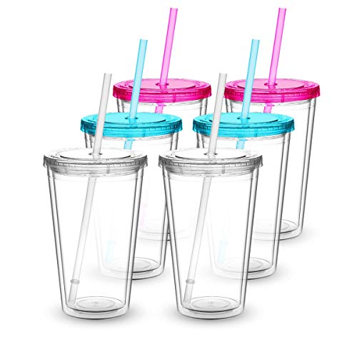 CIVAGO Clear Insulated Acrylic Plastic Tumbler Set with Lid and Reusable Straw, Classic Double Wall Tumbler Cup - 16 oz, 6 Pack (2 Fuchsia, 2 Blue, 2 Clear)