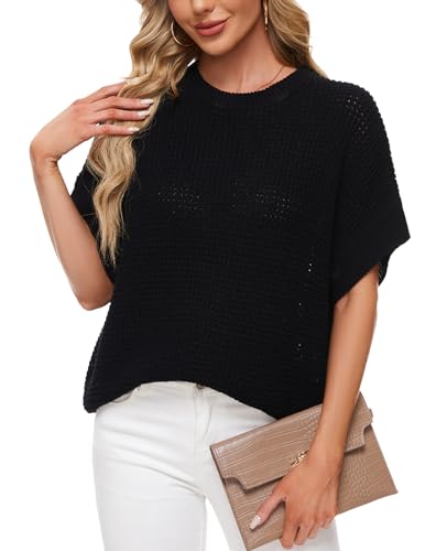 Image of MINTLIMIT Womens Batwing Short Sleeve Sweaters Loose Oversized Waffle Knit Pullover Sweater Top