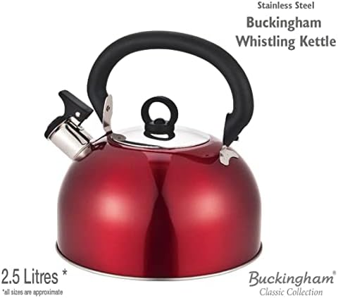Buckingham Red Colour Coated Stainless Steel Retro Whistling Kettle 2.5 Litre with Heat Resistant phenolic Handle, 2.5 L