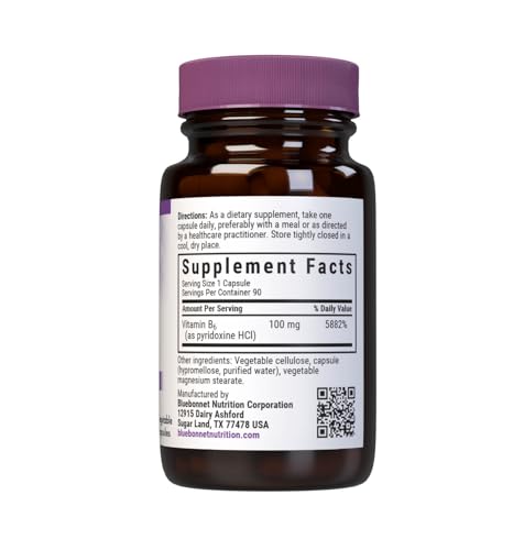 image for BlueBonnet Nutrition Vitamin B6 Vegetable Capsules, 100 mg, for Cardio