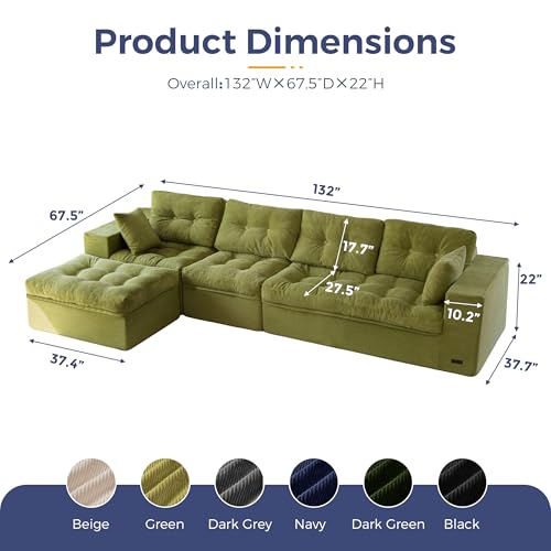 Image of MAXYOYO 132 inch L Shaped Modular Sectional Sofa with Ottoman, Cloud Boneless Couch with Layered Cushion, Upholstered Sofa in a Box, Flexible Module Combination for Living Room, No Assembly, Green