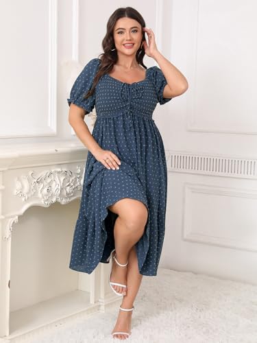 SCOMCHIC Women Plus Size Summer Dress Puff Short Sleeve Smocked Drawstring Ruffle Boho Swiss Dot Casual Midi Dresses3