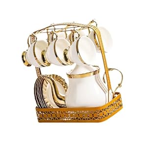 Porcelain Cups and Saucers Set Porcelain Coffee Mug European with Storage Rack Wedding Teapot for Family Tea Party Any Occassions, Gold